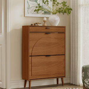 Designer Curved Three-dimensional Texture Fluted Panel Shoe Storage Cabinet - Walnut