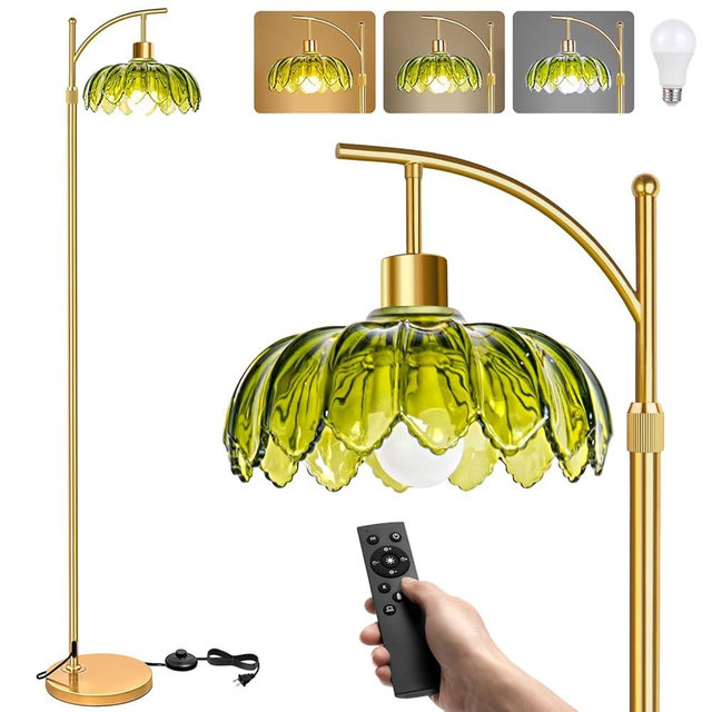 Arc Floor Lamp with Remote, Modern Gold Floor Lamps for Living Room, Dimmable LED Standing Lamp with 3 Color Temperature, Boho Retro Glass Flower Lamp, Tall Lamp for Bedroom Office Corner