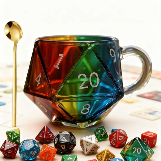 Huease Rainbow D20 Dice Mug,20-Sided Polyhedral Dice Gaming Mug,Transparent Glass High Temperature Resistance Coffee Cup,Gifts for RPG & Board Game Lovers (1)