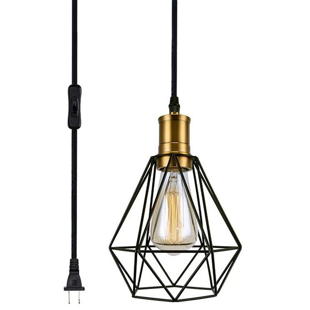 Wire Cage Pendant Light Plug in Light Fixture with On/Off Switch Diamond Shape Hanging Lamp with Vintage Bronze Socket Swag Lighting for Kitchen Island Dining Room Bar Counter (Black, 1 Light)