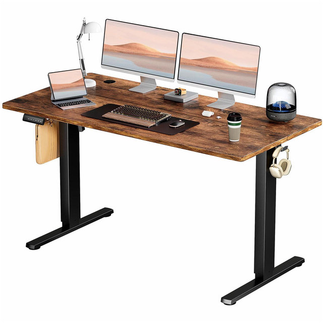 Bestier Height Adjustable Electric Standing Desk, 55" x 24" Ergonomic Sit Stand up Desk with Hooks and Wire Holes, Memory Computer Office Desk, Browm