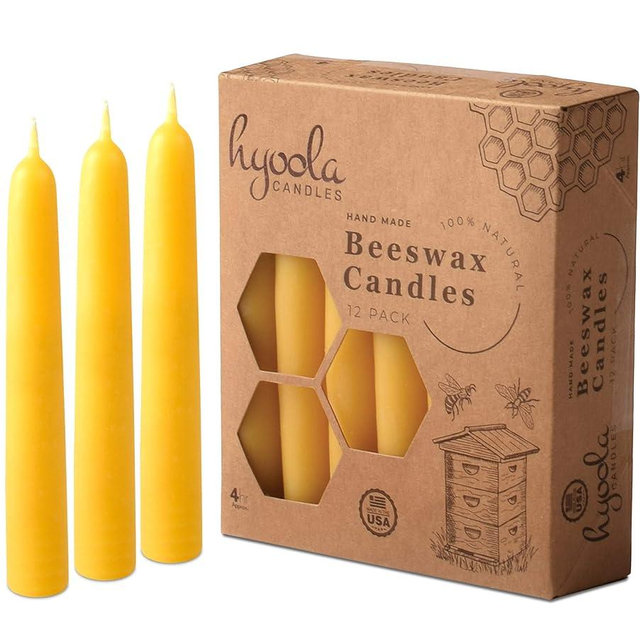 Hyoola 4 Inch Beeswax Taper Candles 12 Pack - Handmade, All Natural, 100% Pure Unscented Bee Wax Candle - Tall, Decorative, Golden Yellow - 4 Hour Burn Time