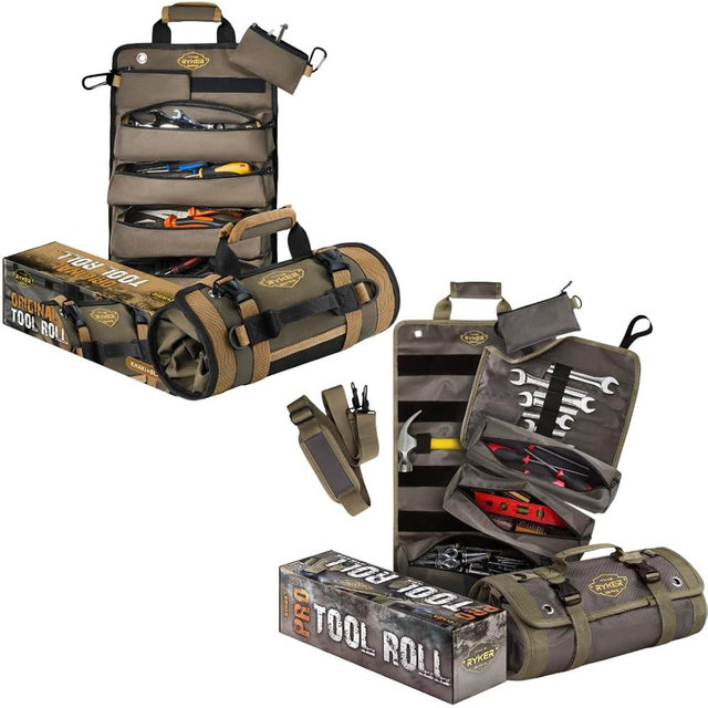 The Ryker Bag Tool Bag W/Detachable Pouches, Heavy Duty Roll Up Tool Bag: 6 Pouches-Gifts for Dad (Khaki+Black) & PRO Tool Roll – Motorcycle Tool Bag w/4 Pouches & Wrench Organizer for Mechanic