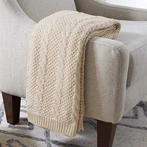 Stone & Beam Transitional Chunky Cable Knit Throw Blanket 100% Cotton, Ivory