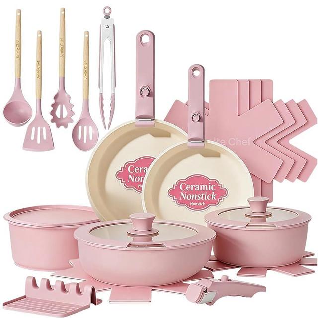 Umite Chef Pots and Pans Set Non Stick, 21 pcs Nonstick Ceramic Cookware Set, RV Kitchen Cooking Set with Detachable Handles, Oven Safe, Induction Cookware, Stackable, Pink, PFAS PFOA & PTFE Free