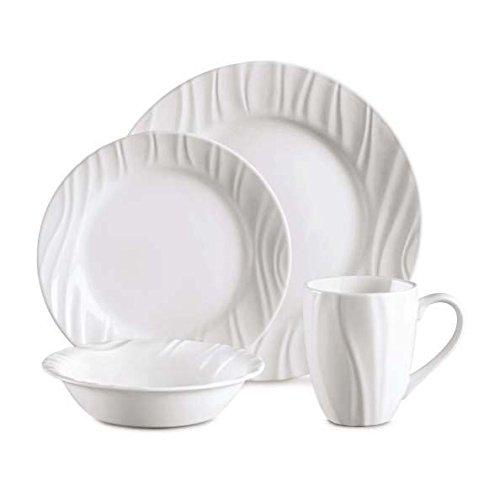 Corelle 16-Piece Vitrelle Glass Swept Chip and Break Resistant Embossed Dinner Set, Service for 4, White