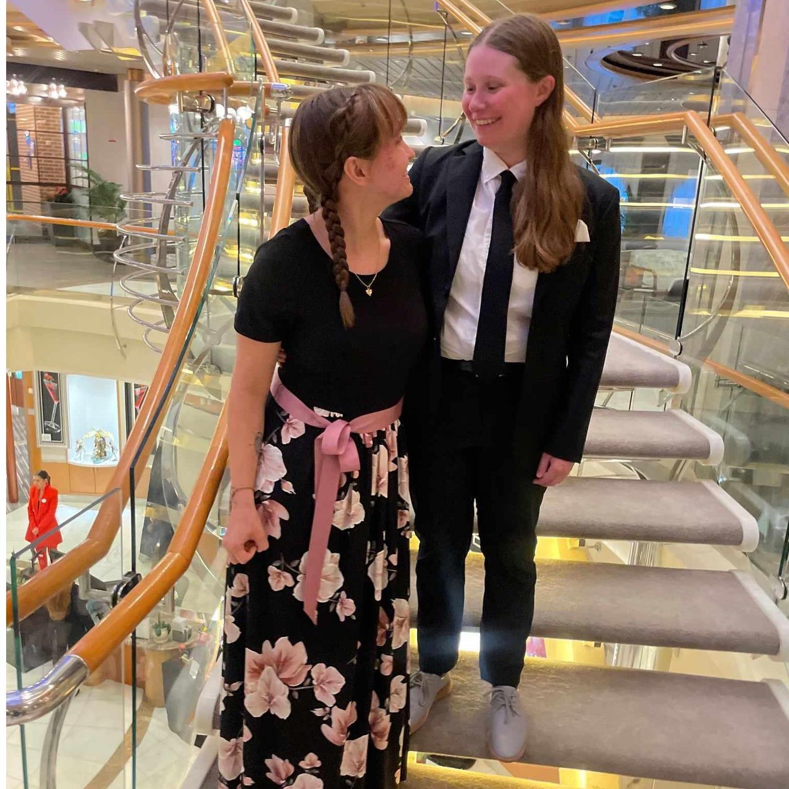 The night we got engaged! Mandi had no clue what was coming and dragged Kim around the ship to take pictures after dinner before retiring to their room (where the ring was waiting!)