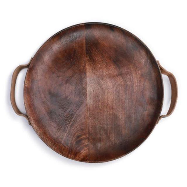 Dark Wooden Tray with Leather Handles