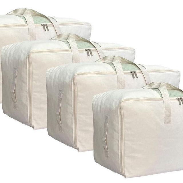 DoYiKe Soft Large Canvas Storage Bags with Zipper and Clear Window, Cotton Linen Storage Organizer for Pillows, Quilt, Blankets and Comforter, 80L, 4 Pack, Beige