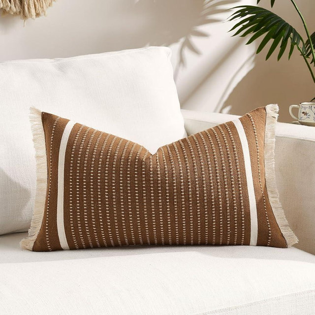 Dark Brown Striped Lumbar Pillow Decorative 12x20 with Tassels 1 Pack, Farmhouse Boho Chic Decor 12 x 20 Pillows Cover, Neutral Taupe Lumbar Throw Pillow Decorative for Couch Bedroom Living Room