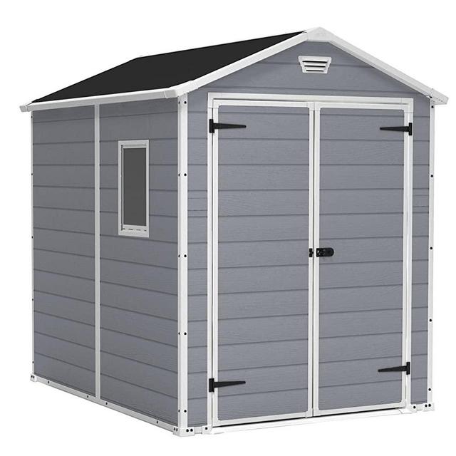 KETER Manor 6x8 Resin Outdoor Storage Shed Kit-Perfect to Store Patio Furniture, Garden Tools Bike Accessories, Beach Chairs and Lawn Mower, Grey & White