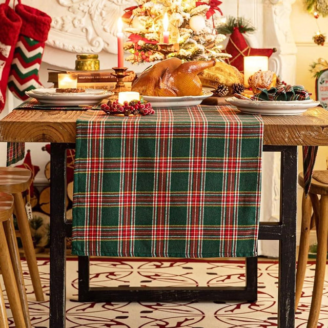 Green Red Plaid Christmas Table Runner, Winter Holiday Table Runners 72 inches Long, Xmas Decorations Indoor Outdoor Farmhouse Home Kitchen Dining Party Decor