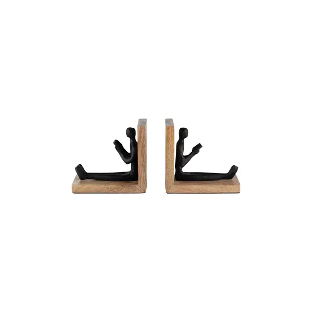 Sagebrook Home Set of 2 Reading Man Bookends - 6" Wooden and Aluminum Black and Brown Decorative Bookends for Home Office