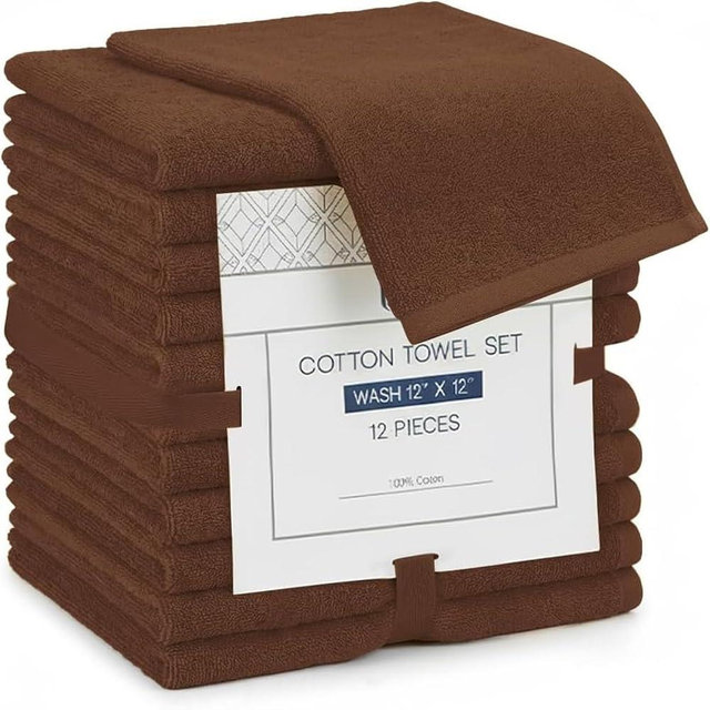 Linteum Textile Supply Premium 12x12 Washcloth (Chocolate) – 100% Cotton Zero Twist Towels | Absorbent, Quick Dry, Durable for Bathroom, Spa, Gym (12 Pack)