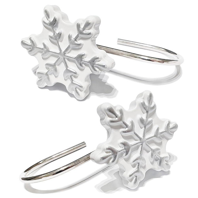 CHICTIE Christmas Shower Curtain Hooks,Snowflakes Decorative Shower Rings for Bathroom Shower Curtains Rods, Set of 12 (Silver Snowflowers)