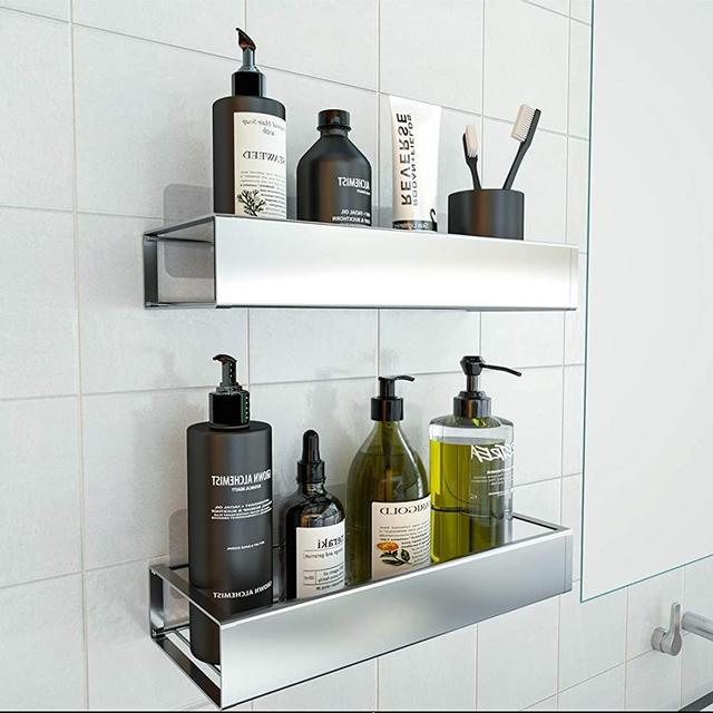 Roseyat 2-Pack Wall Mounted Bathroom Shower Caddy Kitchen Spice Rack Holder, Adhesive Stainless Steel Bathroom Hanging Shelves, Removable Rustproof Rack Organizer for Cabinet Cupboard, Shampoo Storage