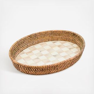 Mocha Check Enamel & Rattan Tray