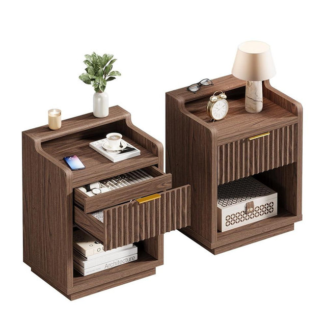SuciJeudi Night Stand with Hidden Compartment, Set of 2, Bedside Table with Hidden Drawer, Fluted Wood Rustic Modern Storage End Side Table for Bedroom Sofa Office, Natural Walnut