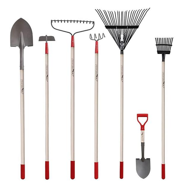 GardenAll 7-Piece Long Wood Handle Yard & Garden Tools Set for Women,Ladies Rakes Set Digging Shovels Hoe Cultivator Mini Shovel with Rose Red Protection Cap Tools Gifts for Mother