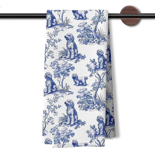 DAYOUER Blue and White Chinoiserie Shih Tzu Kitchen Dish Towels, Shih Tzu Gifts for Women, Grandmillennial Blue and White Toile Dog Decorative Hand Tea Towels for Bathroom Kitchen, 16x24 Inches
