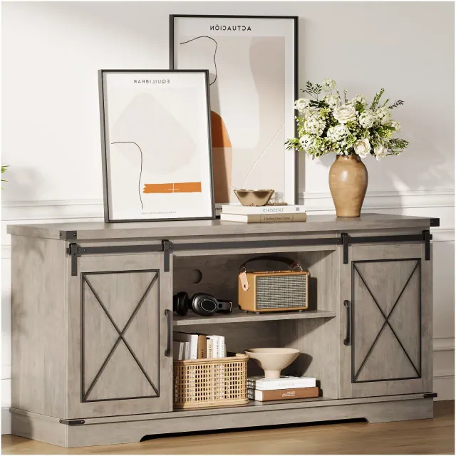 Tv Stand for 65 Inches TVs, Farmhouse Entertainment Center with Sliding Barn Doors, Tv Media Console Table for Living Room, Grey