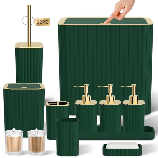 InnJoey Bathroom Set - Green Bathroom Set, 12PC Elegant Bathroom Accessories Set, Green Bathroom Accessories Set, Mini Trash Can, Toilet Brush, Trash Can & Soap Dispenser