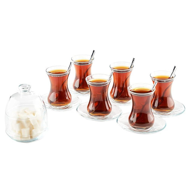 The Buybox 19 Pieces Traditional Turkish Tea Set Includes; 6 Glasses tea cups (4.5 oz), 6 Saucers, 6 Stainless Steel Spoons and Sugar Bowl with Glass Cover (8.6 oz)