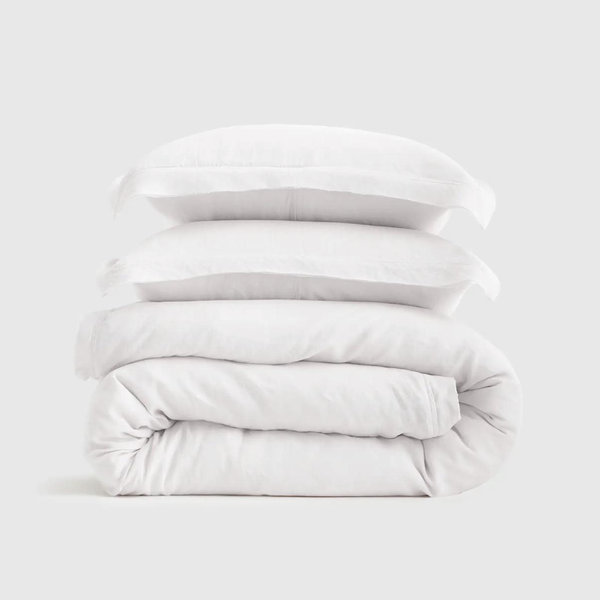 European Linen Double Flange Duvet Cover Set - White, Full/Queen