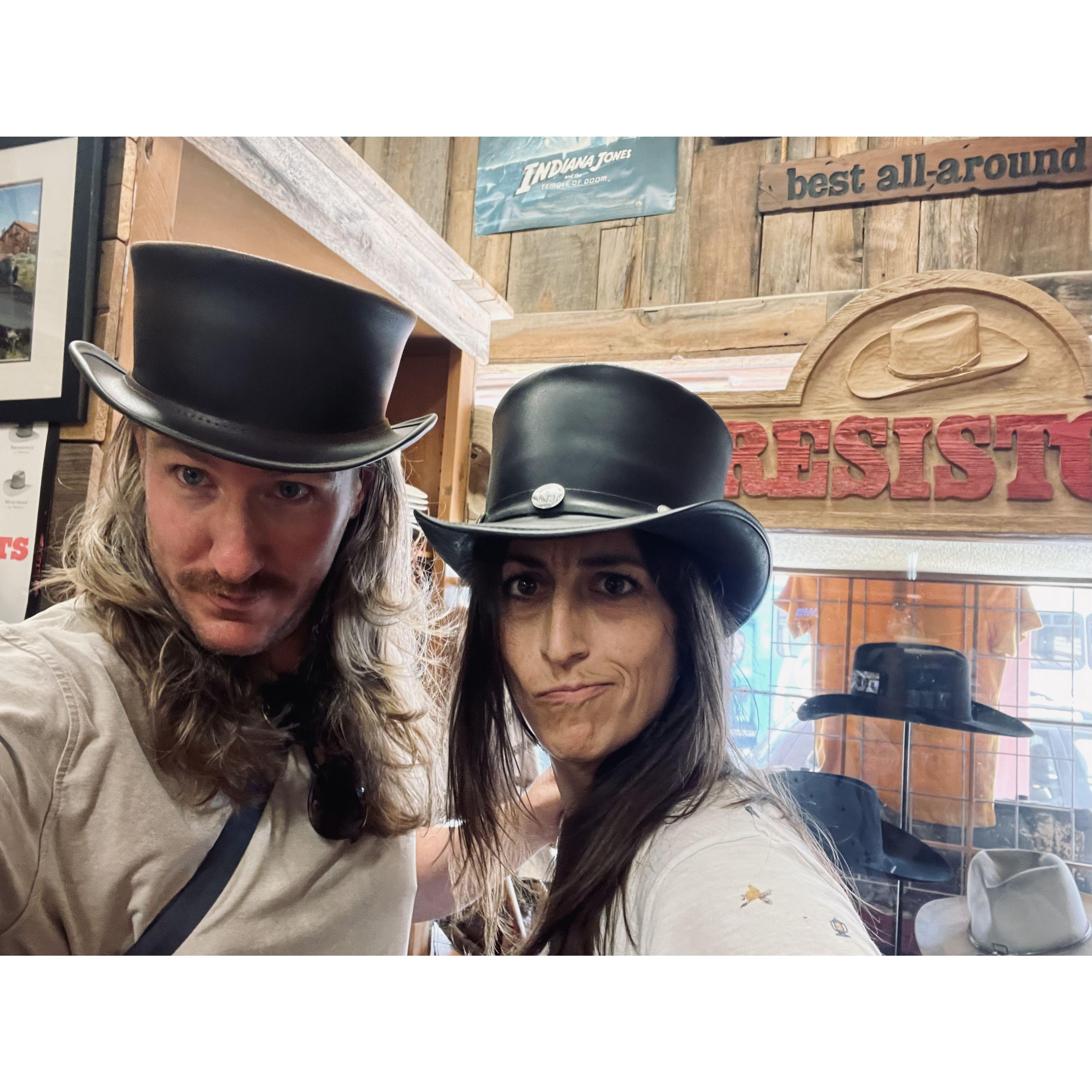 Trying on hats for the Bottle Rock music festival.