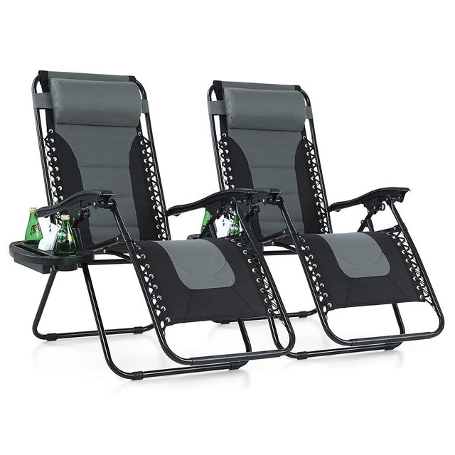 PHI VILLA Set of 2 Padded Zero Gravity Lounge Chair Oversized Folding Patio Recliner with Adjustable Headrest & Cup Holder, Support 350 LBS(Grey)