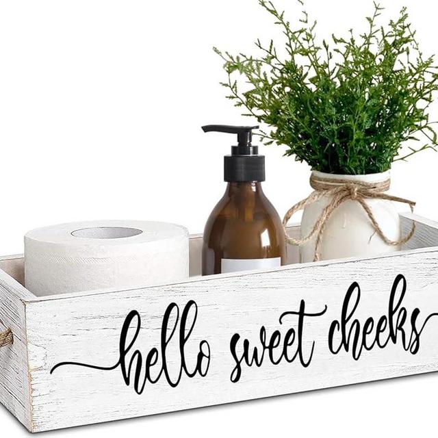 PZJIEAN Funny 2 Sides Hello Sweet Cheeks White Bathroom Box Toilet Paper Bathroom Decor Box with Handle, Farmhouse Bathroom Decor Box for Toilet Paper, Back of Toilet Organizer