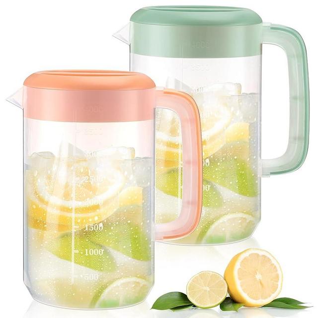2 Pcs 1 Gallon/ 4L Plastic Pitcher with Lid Large Clear Water Carafe Jug Ice Tea Pitcher Lemonade Juice Beverage Jar with Strainers Cover Handles Measurements for Hot Cold Coffee Drinks (Pink, Green)
