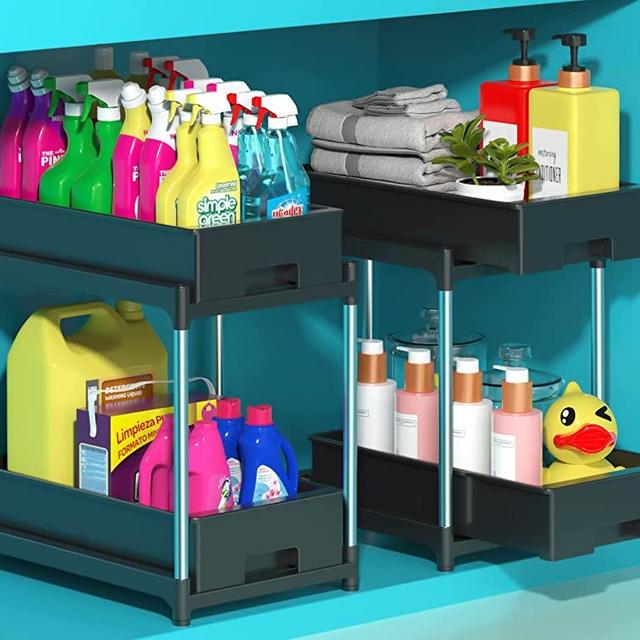 2 Pack Under Sink Organizers and Storage 2 Tier Kitchen Bathroom Organizer, Under Cabinet Storage with Easy 2 Sliding Drawers, Stackable Multi-purpose Under Kitchen Bathroom Sink Organizer for Counter