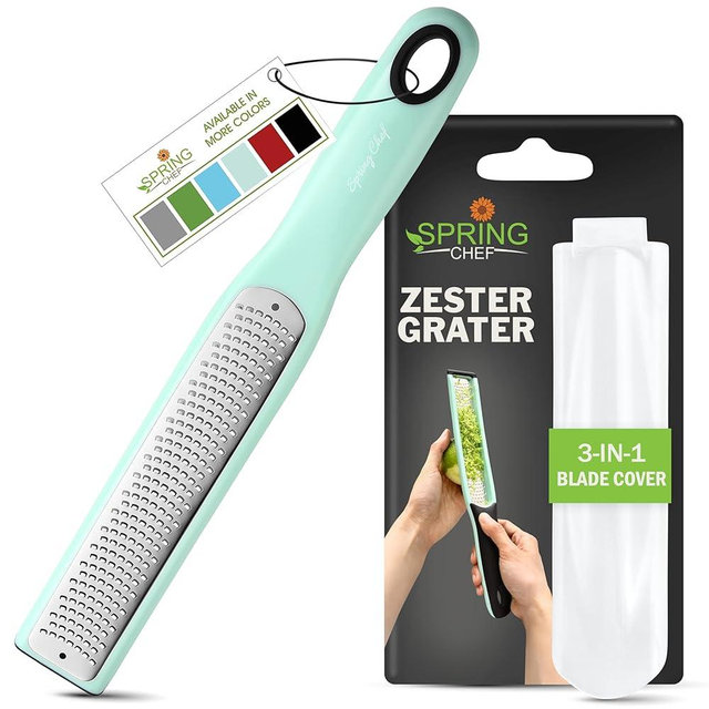 Spring Chef Premium Lemon Zester Grater with Handle - Fruit, Garlic, Lime, Orange, Nutmeg, Garlic Grater - Heavy Duty Kitchen Tool - Stainless Steel Citrus Zester with Blade Cover - Fine Shred, Mint