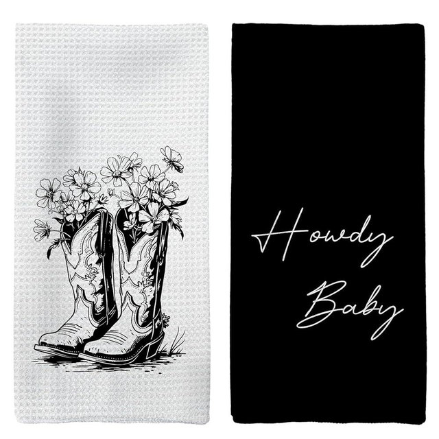 Tzhim Western Kitchen Towels, Preppy Cowboy Hand Towels, Black Cowgirls Boots Floral Rodeo Dishcloths Tea Towels for Kitchen, Vintage Retro Howdy Baby Kitchen Bathroom Decor Set of 2, 16x24in