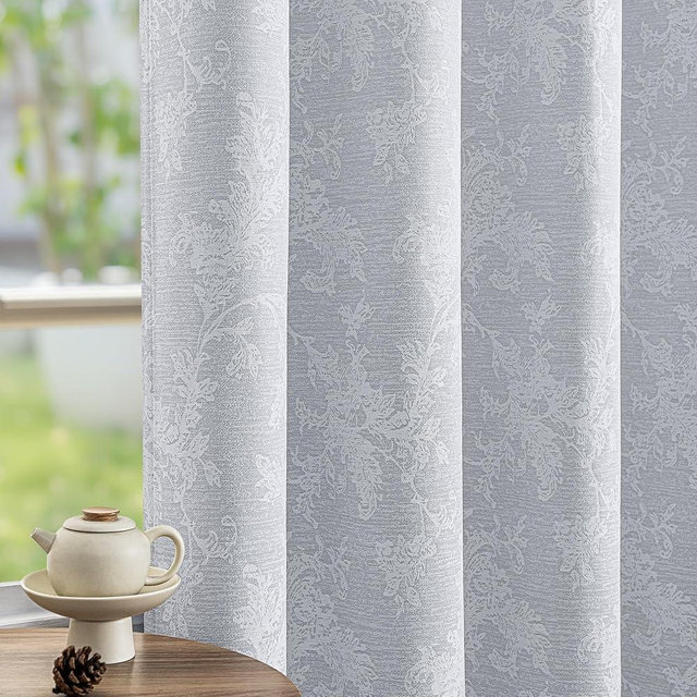 FMFUNCTEX Grey Floral Jacquard Blackout Curtains 96 Inches Long for Bedroom, Scroll Flower Chenille Farmhouse Curtains for Living Room Darkening Thermal Insulated Grommet Window Drapes 2 Panels