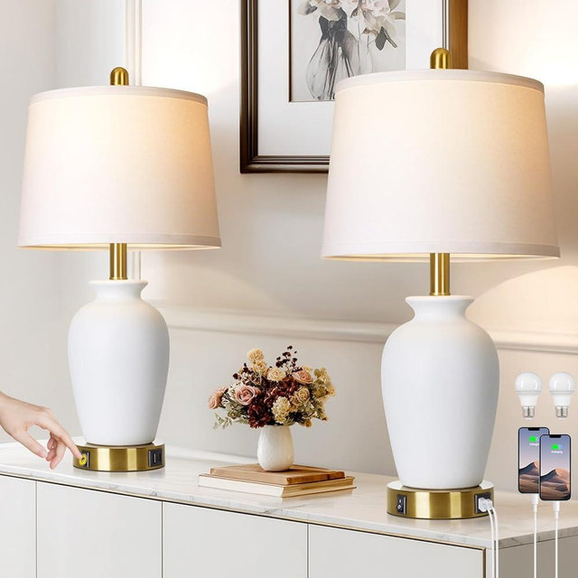 Cinkeda Set of 2 White Ceramic Modern Table Lamps with Ginger Jar Design - for Living Room,Dining Room,Bedroom,Office,Nightstand,End Table