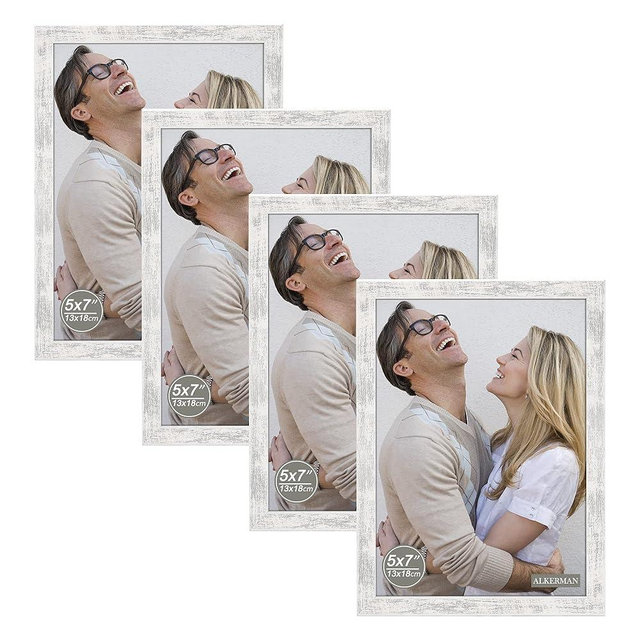 Alkerman 5x7 Picture Frames Rustic Distressed White Wood Pattern High Definition Glass for Table Top Display and Wall Mounting Photo Frame，Pack of 4