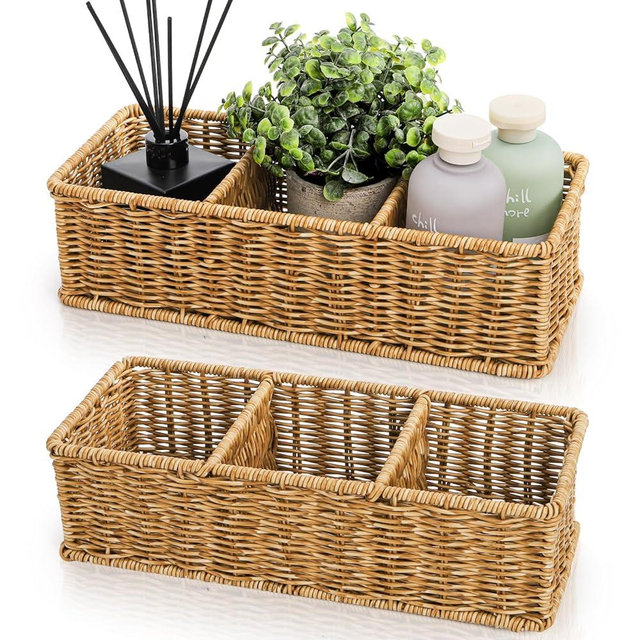 Covzoe 2 Pack Wicker Storage Basket, Plastic Toilet Tank Topper Paper Holder With 3 Compartments, Rattan Storage Container Countertop Organizer for Bathroom Bedroom Decor, Tan