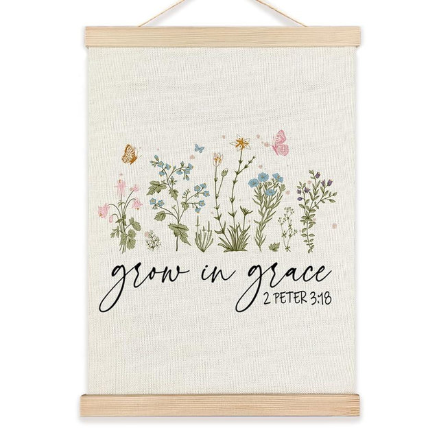 LZYRF Floral Christian Wall Art Poster Framed, Christian Room Decor, Grow in Grace 2 Peter 3:18 Bible Verse Religious Canvas Prints Wall Decor for Home Bedroom Church, 12x16 Inch