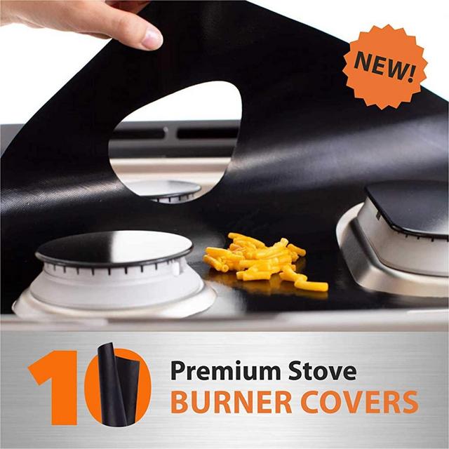 10 pack, gas stove protector, stove burner liners, stovetop range protectors, set top burner covers black, size 10.6” x 10.6” non stick reusable cover easy to clean, double thickness
