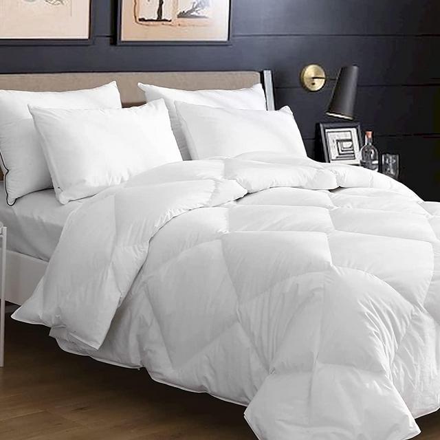 Organic Feathers Down Comforter King Size, All Season Ergonomic Goose Feather Down Duvet, Soft Plush 100% Cotton Quilted Medium Warm Bed Comforter Insert with Ties, Ivory White, 106x90