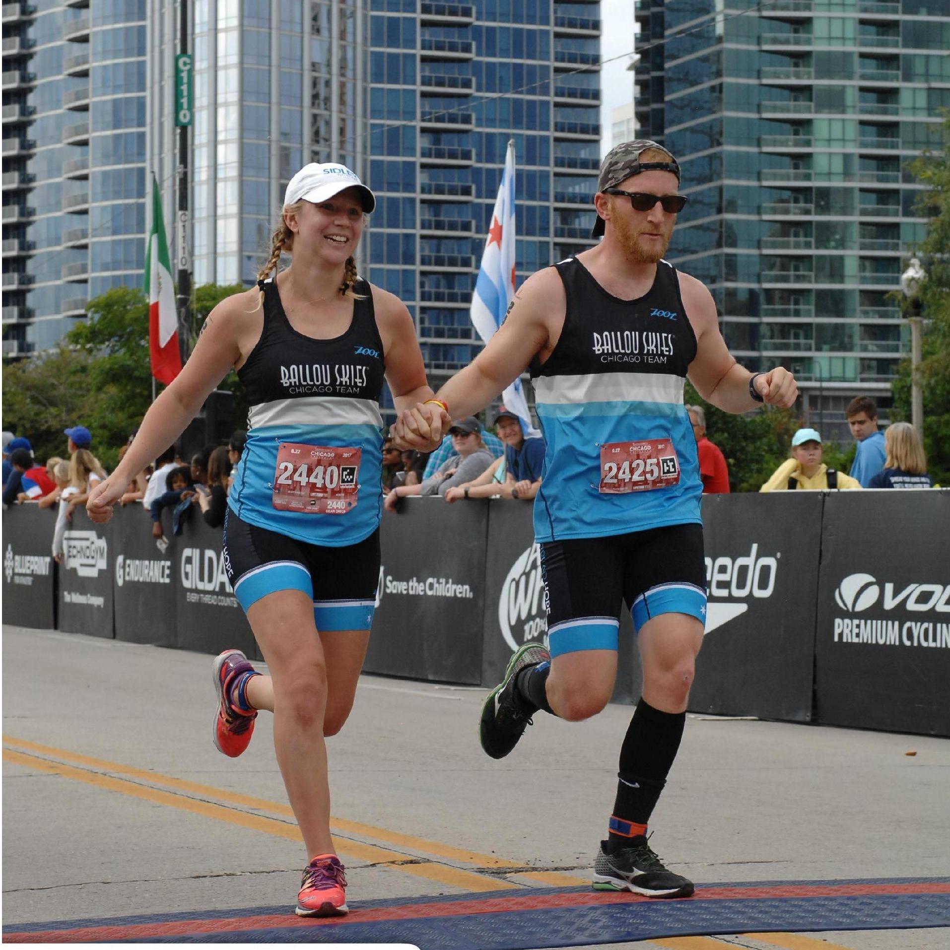 Crossing the finish line together at the Chicago Triathlon