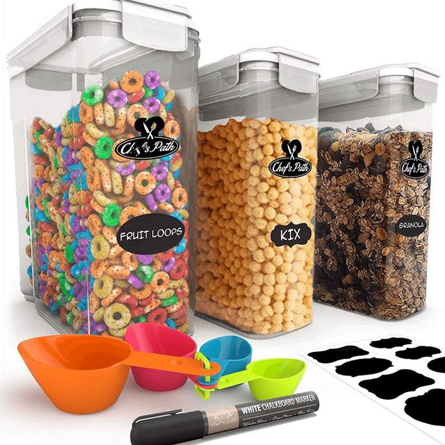 Cereal Container Storage Set - 100% Airtight Food Cereal Storage Containers, 8 FREE Labels, Spoon Set & Pen, Great for Flour, Sugar & More - BPA Free Dispenser Keepers (135.2oz) 3PC - Chef’s Path
