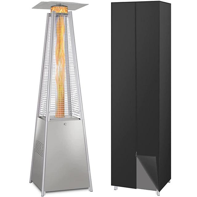 Hykolity 48000 BTU Pyramid Patio Heater, Glass Tube Propane Patio Heater with Wheels and Cover, Outdoor Propane Heaters for Backyard, Garden, Patio, Porch and Pool, Silver Grey