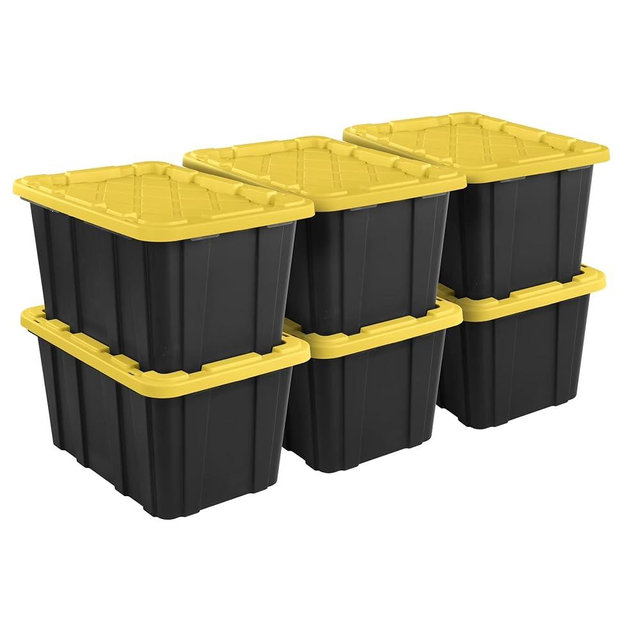Alvanhqw 27 Gallon Plastic Storage Container with Snap-On Lid, Heavy-Duty Industrial Tote, Black and Yellow, 28.5x19.6x15.5 Inches, 6 Pack (6, Black/Yellow)