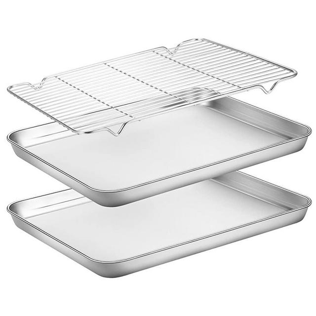 Baking Sheets 2 Pieces with A Rack , HKJ Chef Cookie Sheets and Nonstick Cooling Rack & Stainless Steel Baking Pans & Toaster Oven Tray Pan, Rectangle Size 12.5 x 10 x 1 inch & Non Toxic