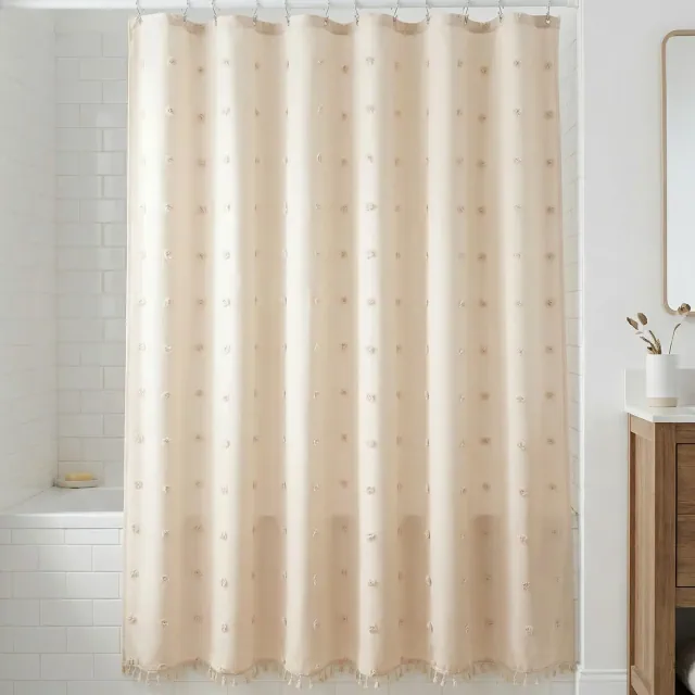 REGALWOVEN 3D Geometric Shower Curtain Sets with Tassels, Waterproof Bath Curtain with 12 Hooks, Bohemian Decor for Bathroom 72 x 72 Inch 1 Pc Beige