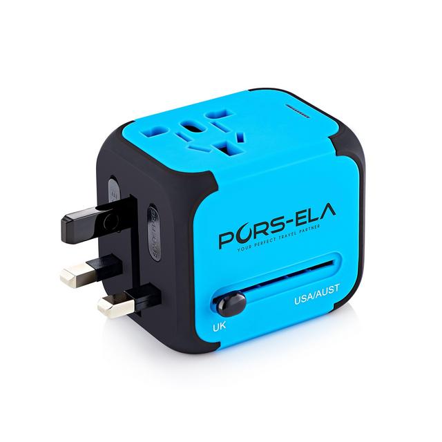 International Travel Power Adapter with 2.4A Dual USB Charger & Worldwide AC Wall Outlet Plugs for UK, US, AU, Europe & Asia - Built-in Spare Fuse, Gift Pouch - Blue