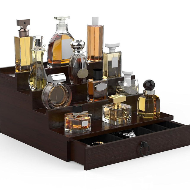 upcessory Cologne Organizer for Men, 4 Tier Wood Perfume Organizer with Felt Lining Drawer and Hidden Compartment, Perfume Display Holder, A Gift for Men